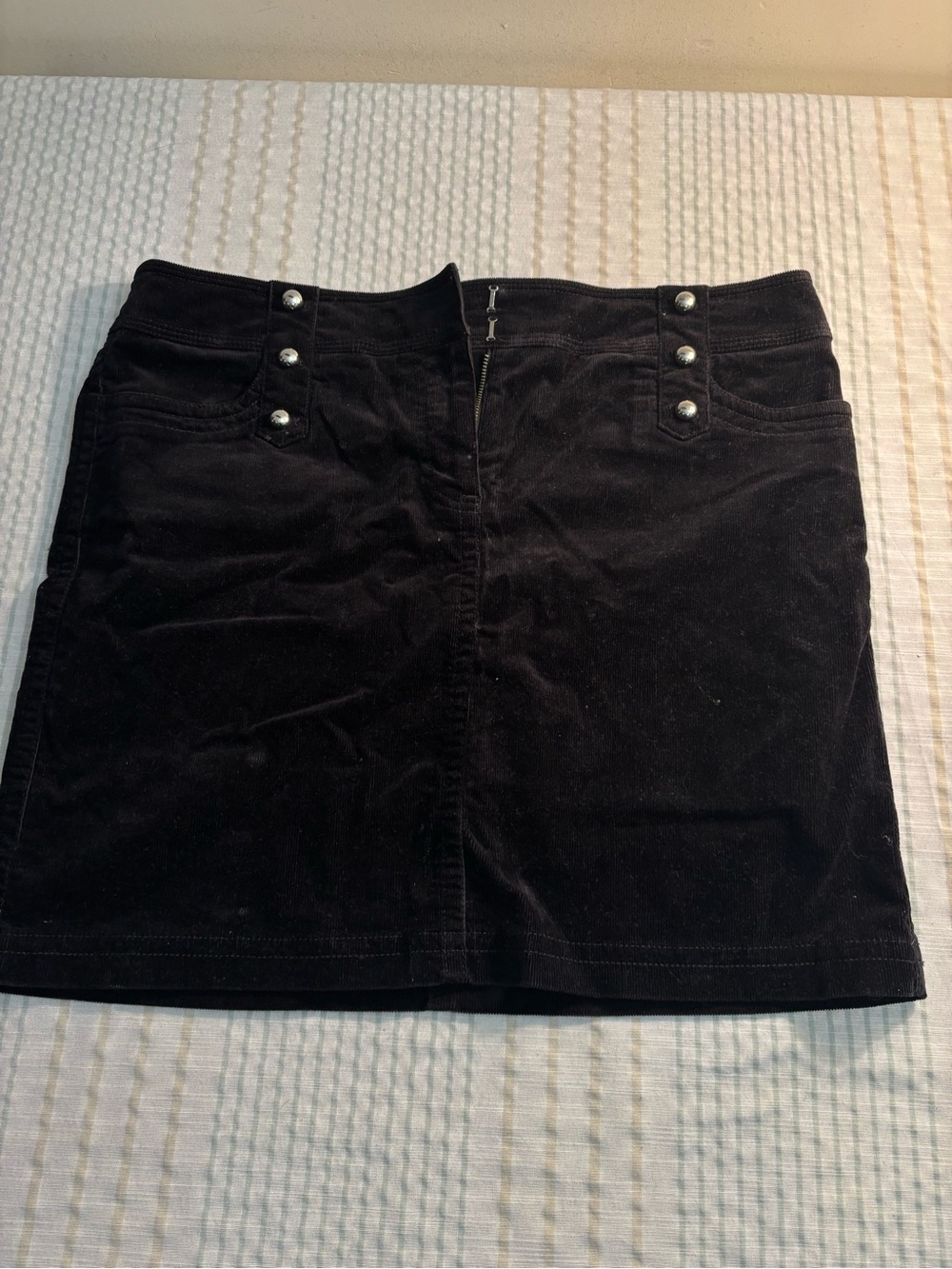 White House Black Market Black Corduroy Mini Skirt with Pearl Button Trim